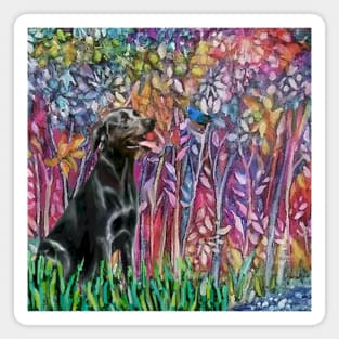 Black Labrador and Bluebird in "Forest in Bloom" Magnet